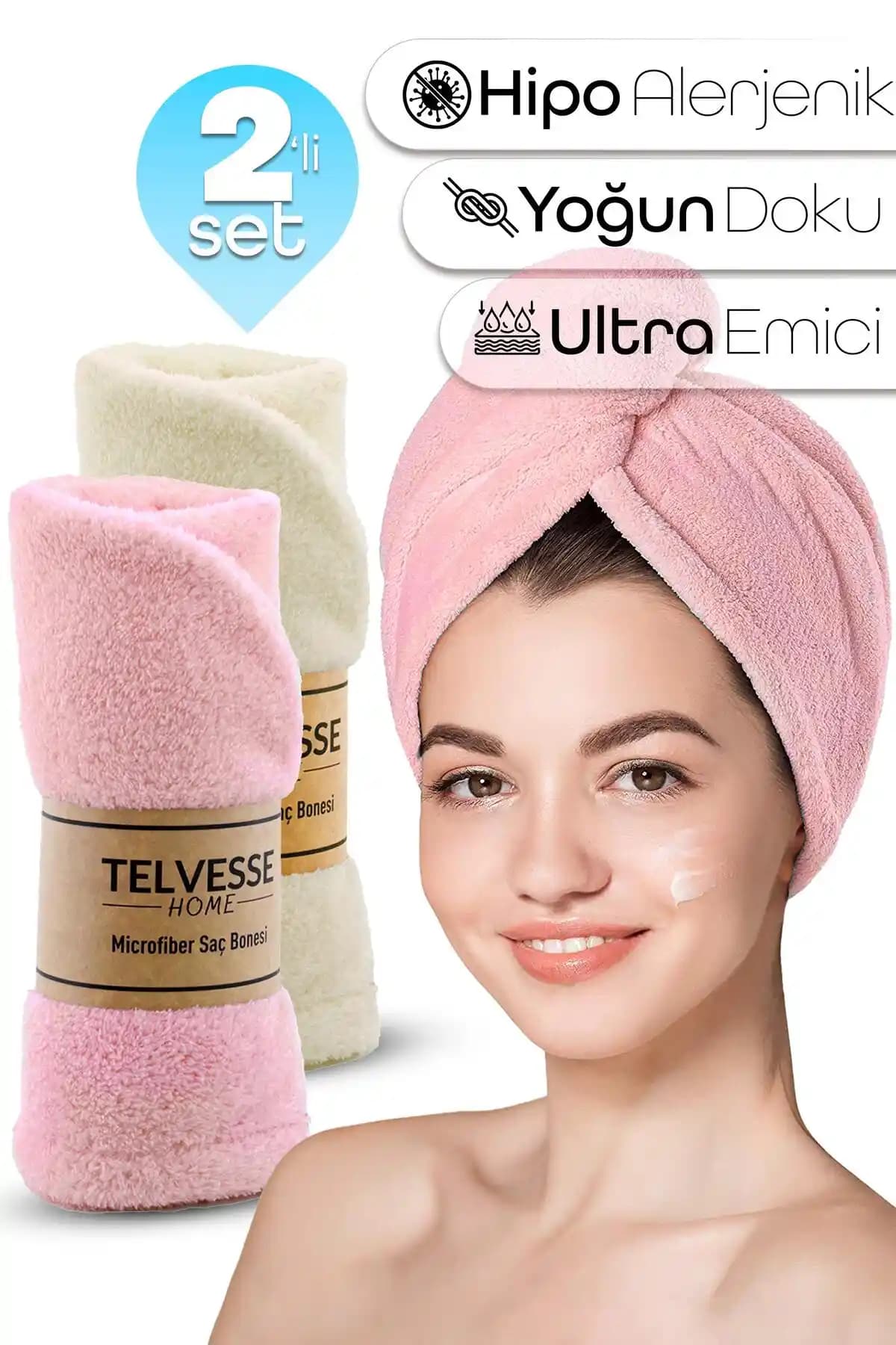 Telvesse 2'li Mikrofiber Saç Havlusu Seti - Pratik ve Şık Saç Kurutma Çözümü