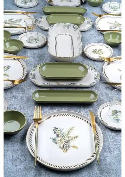 Acar Vegas 6 Kişilik 31 Parça Yeşil Beyaz Desenli Gold Yaldızlı Kahvaltı Takımı