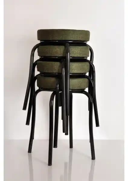 Akk Ticaret 4'lü Desenli Yeşil Kumaş Kaplı Siyah Profil Demir Mutfak Taburesi