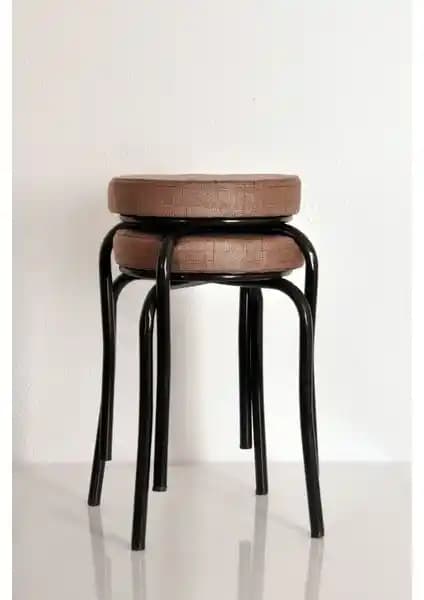 Akk Ticaret Desenli Kahverengi Kumaş ve Siyah Profil Demir Mutfak Taburesi 2'li Set