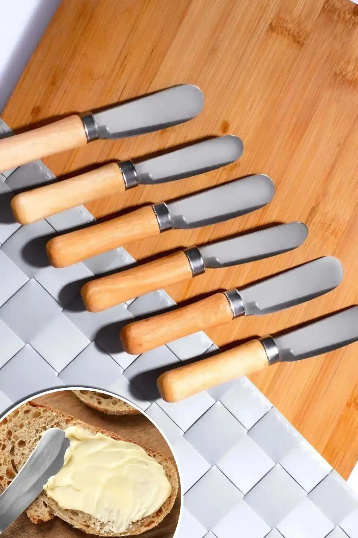 ALBAK Life Ahşap Bambu Saplı 6'lı Lüx Tereyağı ve Reçel Kahvaltı Bıçak Seti 11 cm