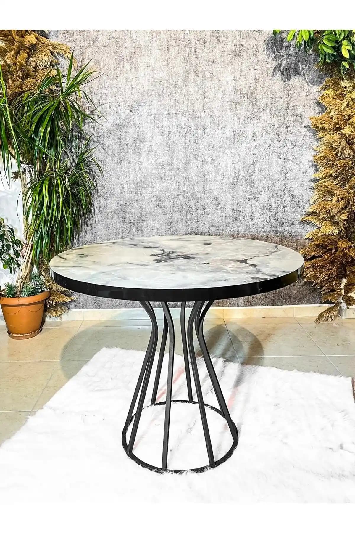 Avvio 90x90 Beyaz Mermer Görünümlü Siyah Kum Saat Ayaklı Mutfak Masası