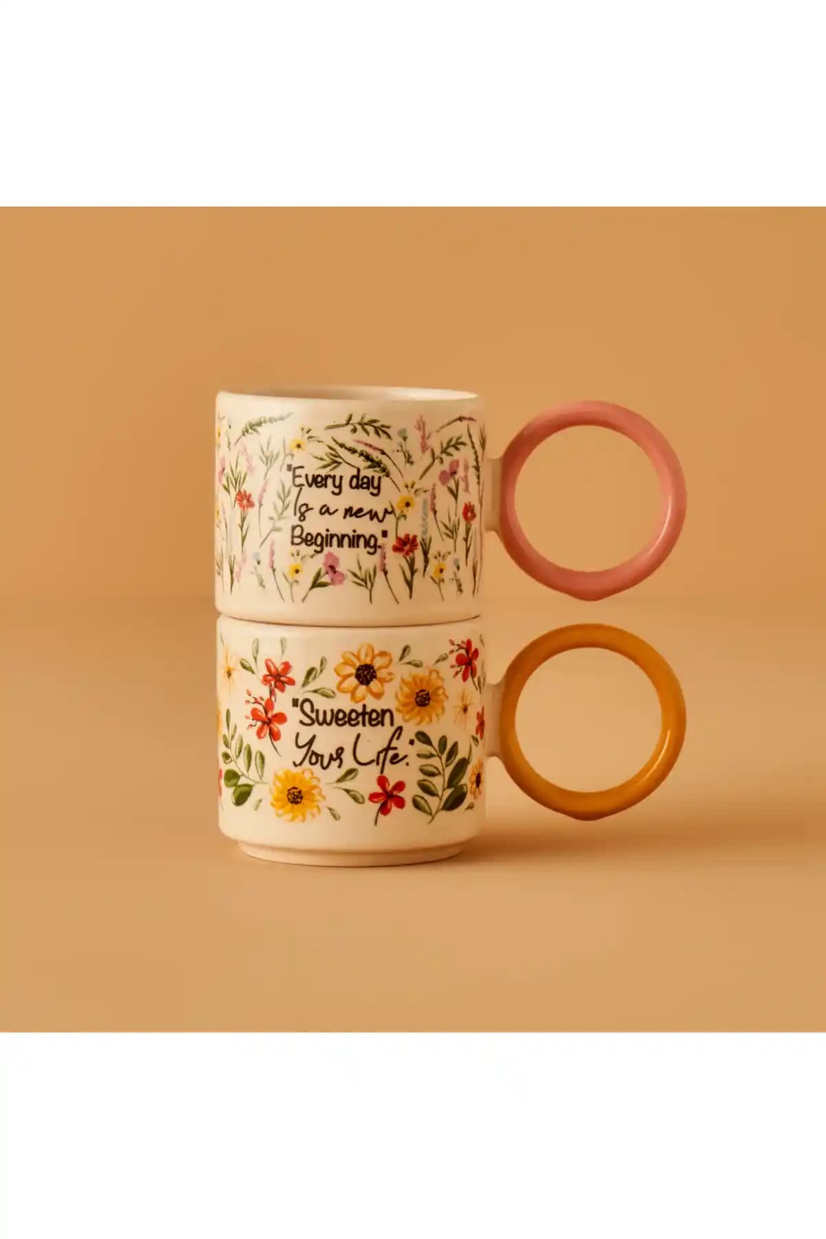 Bella Maison Flores 2'li 270 ml Seramik Fincan Seti ile Modern Kahve Keyfi