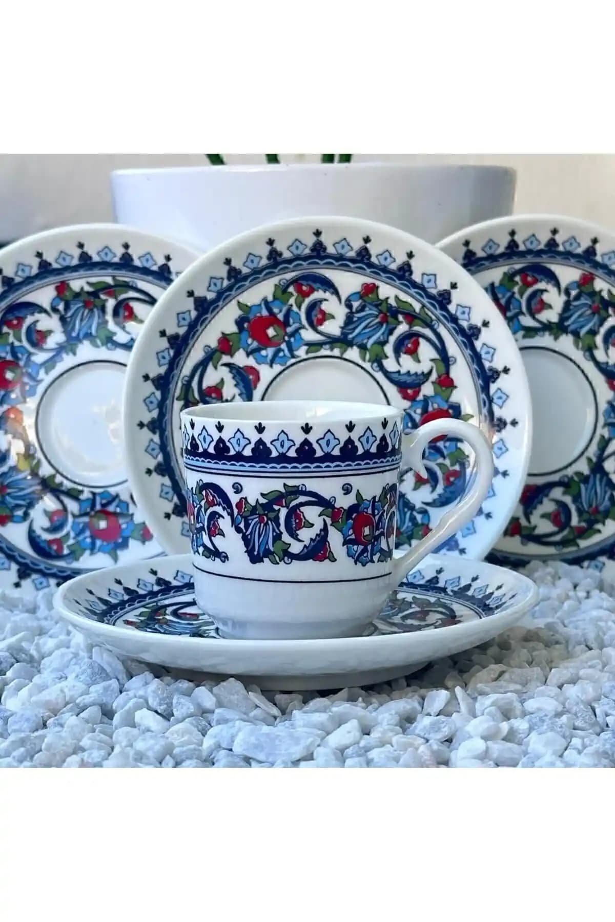 BİRSEV Topkapı Çini Desenli 6 Kişilik Porselen Türk Kahvesi Fincan Takımı 12 Parça