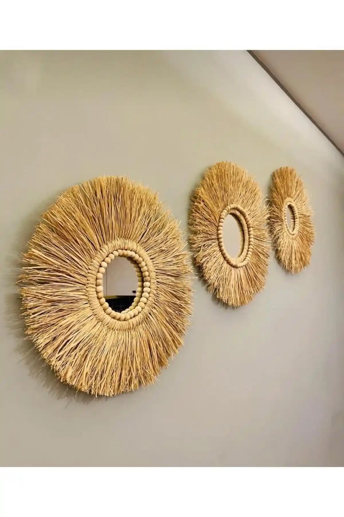 Bohem Tarzı 3'lü Aynalı Doğal Rafya El Yapımı Duvar Süsü - Hediyeofisi