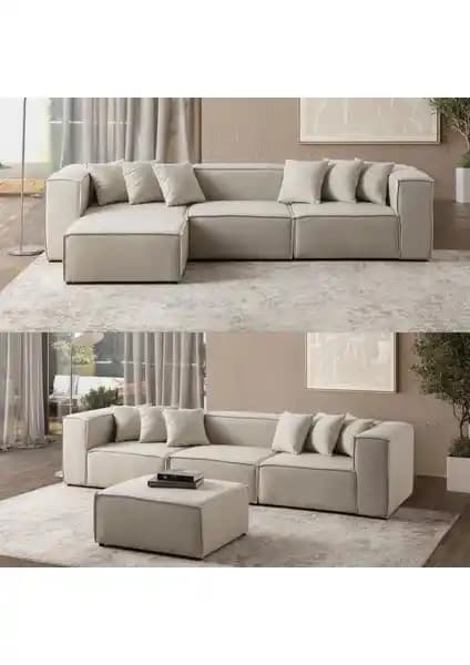 Edsy Home Mira Relax 4 Modül Krem Keten Kumaş Köşe Koltuk Modern ve Fonksiyonel Tasarım