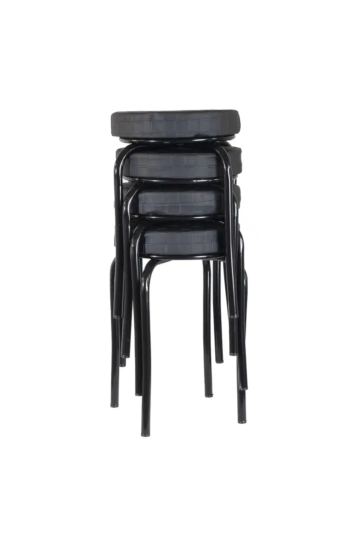 Ekipmetal Siyah Demir Ayaklı Deri 4'lü Mutfak ve Balkon Taburesi Dayanıklı Tasarım