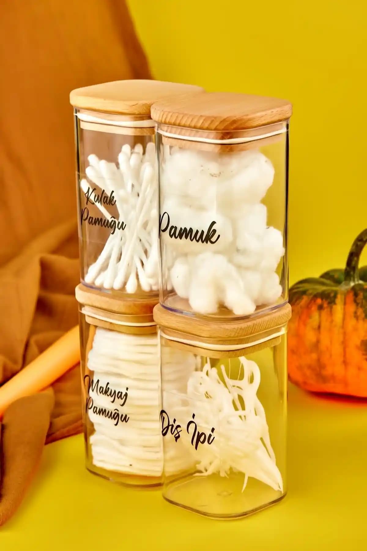 FBZhome 4'lü Ahşap Kapaklı Akrilik Banyo Seti: Şeffaf Kavanozlarla Düzen ve Estetik