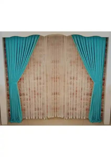 Figen Perde Turkuaz Kadife Fon Perde Çift Kanat 1/3 Sık Pileli Modern Tasarım