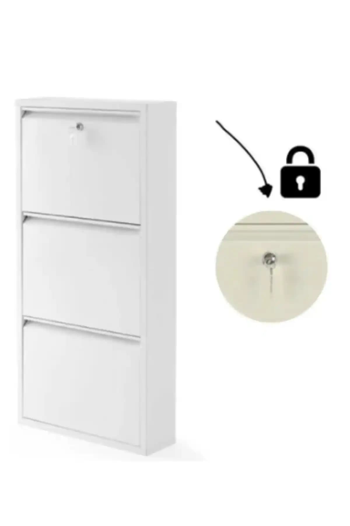 Formood Kilitli 3'lü Metal Ayakkabılık Beyaz Ral 9016 - Modern ve Fonksiyonel Depolama