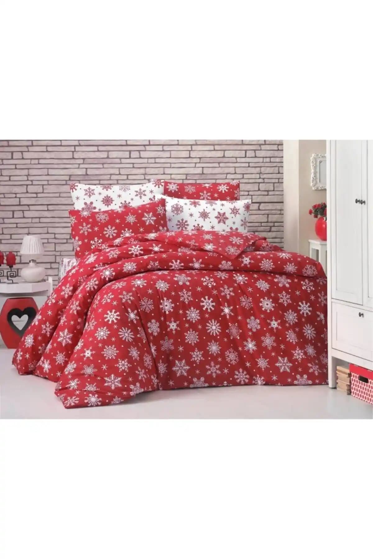 Genel Markalar Yılbaşı Konsepti Kırmızı Çift Kişilik Pamuklu Nevresim Takımı