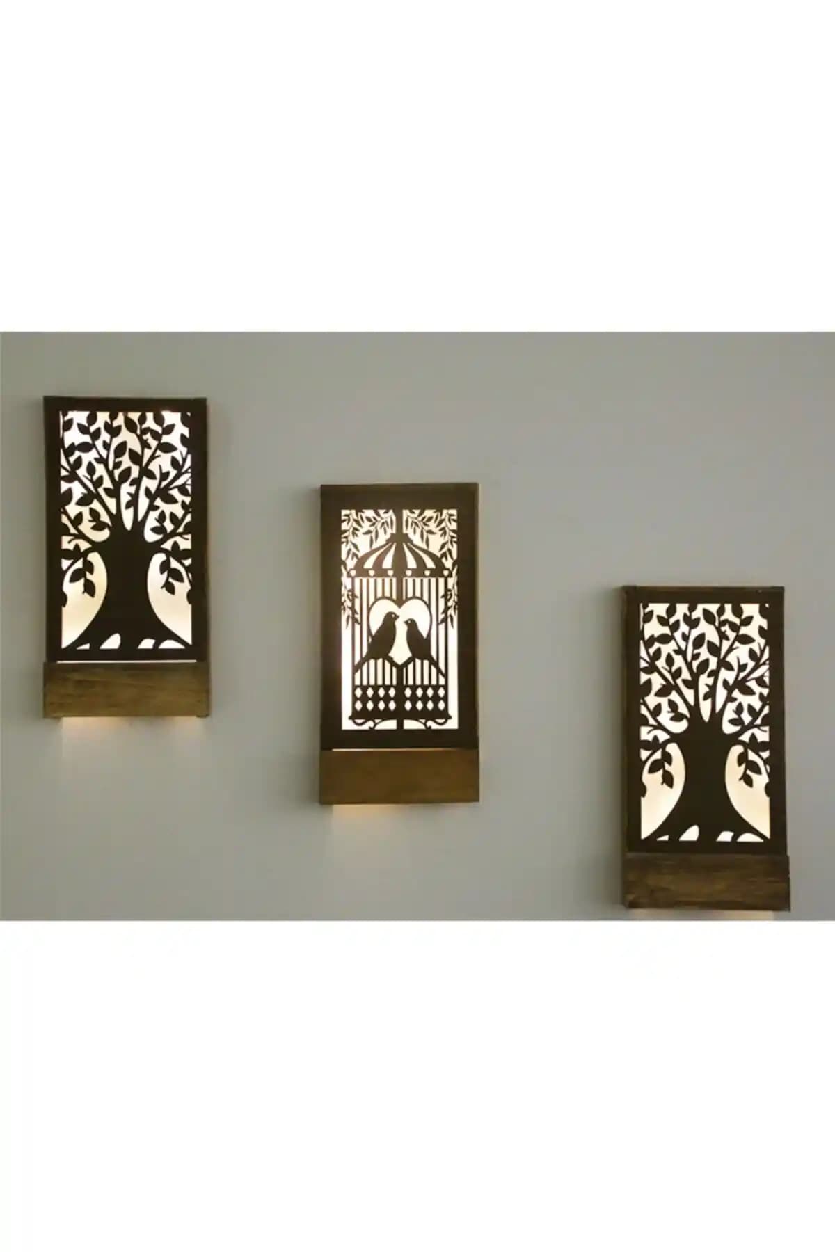 GiftStore Kuş Kafesi Peri Ledli Ahşap Duvar Süsü 3'lü Set 36x17 cm