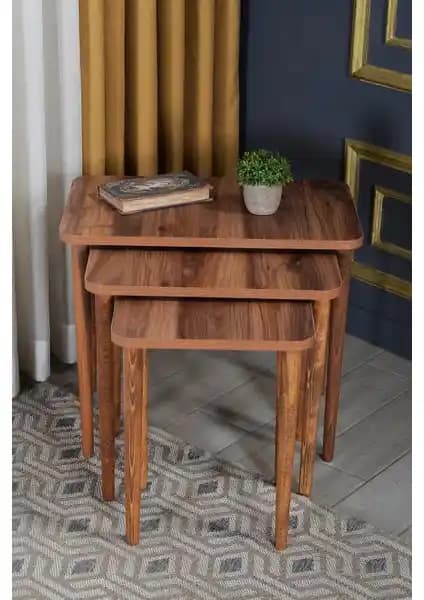 Gold Falez Zigon Sehpa Ahşap Torna Ayak Ceviz Renkli 3 Boyutlu Set