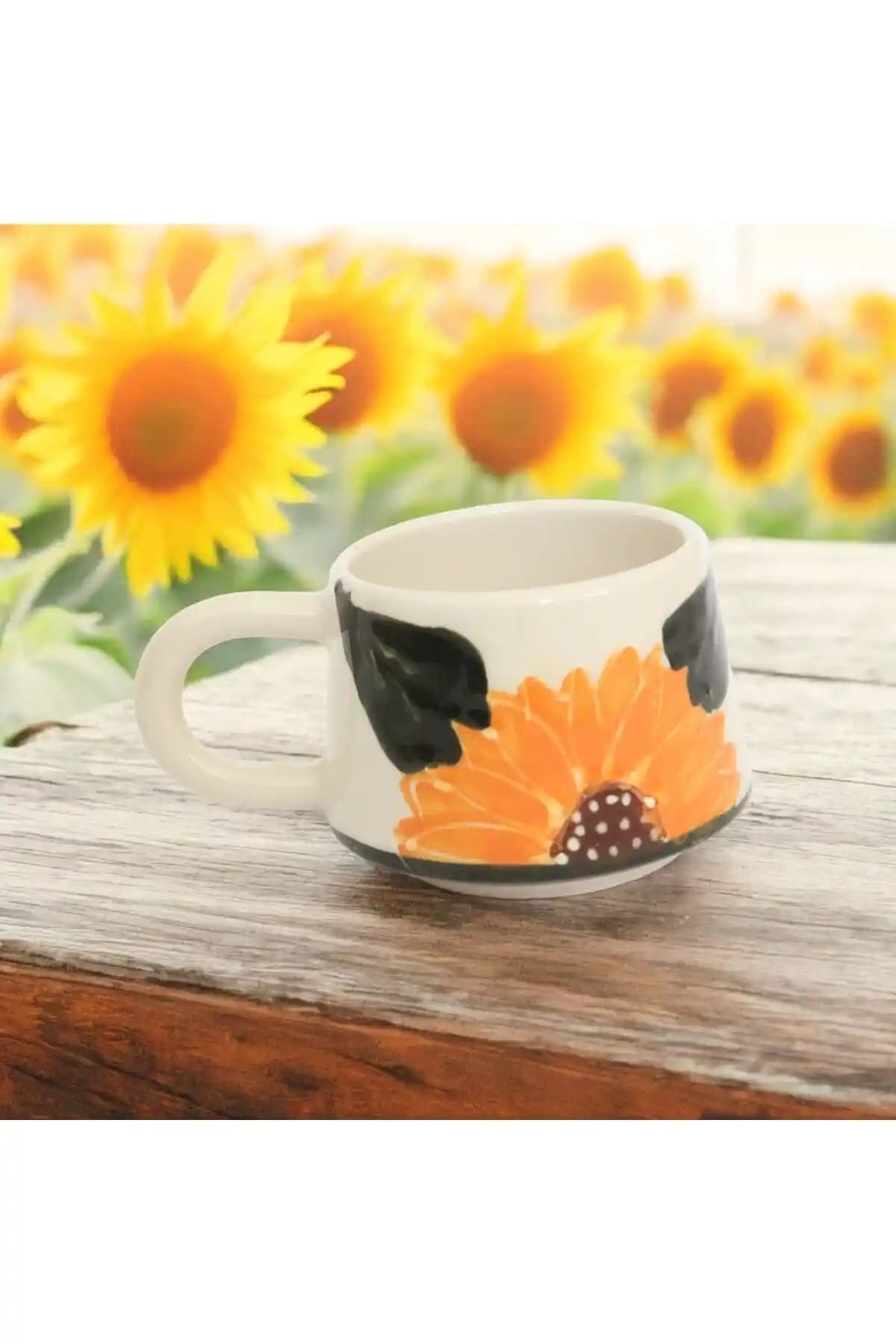 İlbay Çini Takı Seramik El İşlemesi Büyük Boy Ayçekirdeği Desenli Kupa Kahve Fincanı