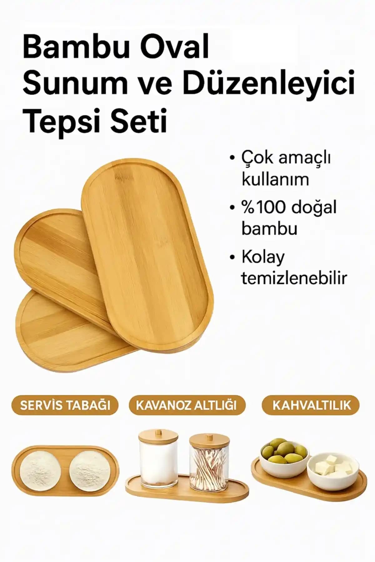 Keyfisepet Bambu Oval Sunum ve Düzenleyici Tepsi Seti ile Çok Amaçlı Kullanım