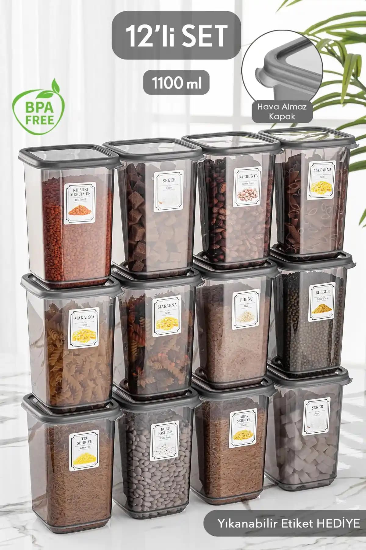 Meleni Home 12'li Antrasit Kare Erzak Saklama Kabı Seti 1.10 Lt Sızdırmaz Kapaklı