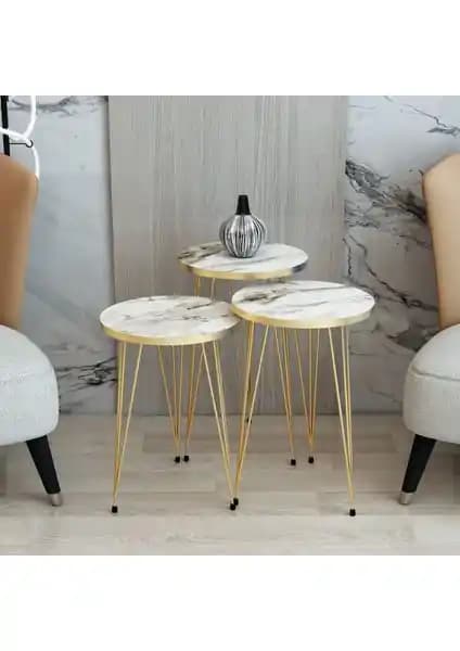 Mhrgroup Cma Beyaz Gold Metal Ayaklı 3'lü Zigon Sehpa Seti Modern ve Fonksiyonel Tasarım