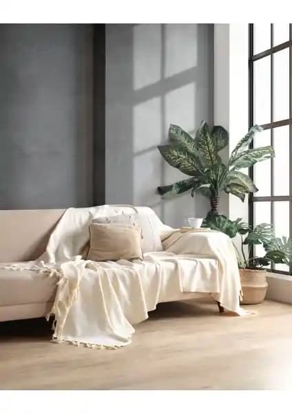Miracolo Home Pamuklu Dekoratif Koltuk Kanepe Çekyat Örtüsü 170x230 cm Ekru Renk