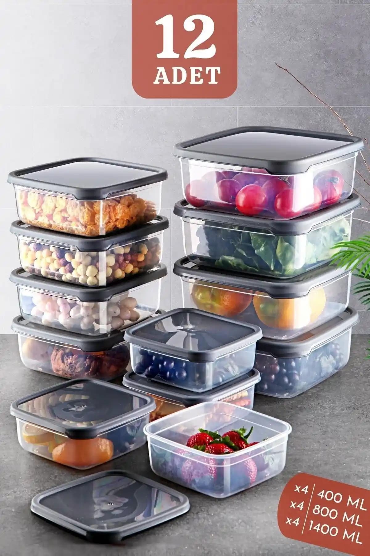 Nandy Home 12'li Embox Kare Erzak Saklama Kabı Seti Antrasit Renkli Plastik Kaplar