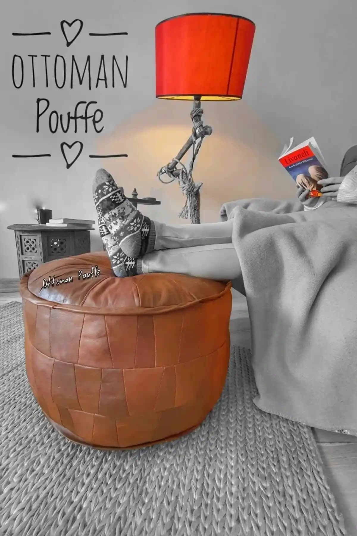 Ottoman Pouffe Hakiki Kuzu Derisi ile İskandinav Bohem Stilinde Şık ve Konforlu Puf