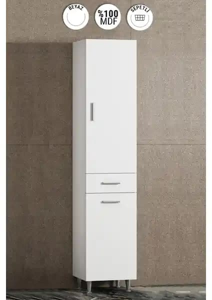 Özceden 35 cm Genişliğinde MDF Banyo Boy Dolabı Çamaşır Sepetli Fonksiyonel Tasarım