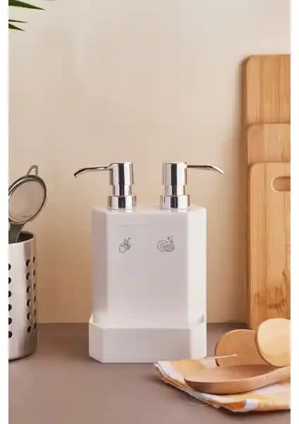 Perotti Marlon Beyaz Lecce 2'li Süngerlik Hazneli Mutfak Sıvı Sabunluk Takımı