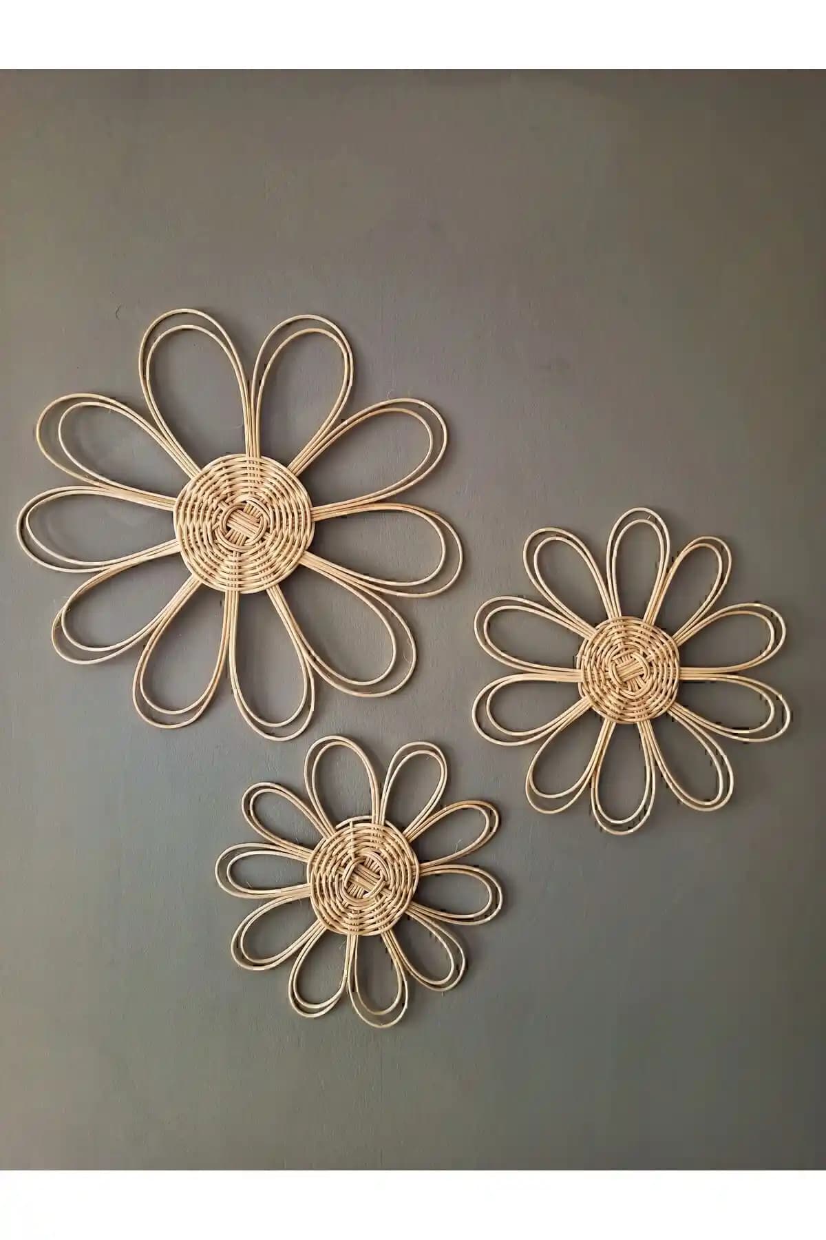 StapHome Bohem Rattan Bambu Hasır Duvar Sepeti 3'lü Set - Doğal ve Estetik Dekorasyon