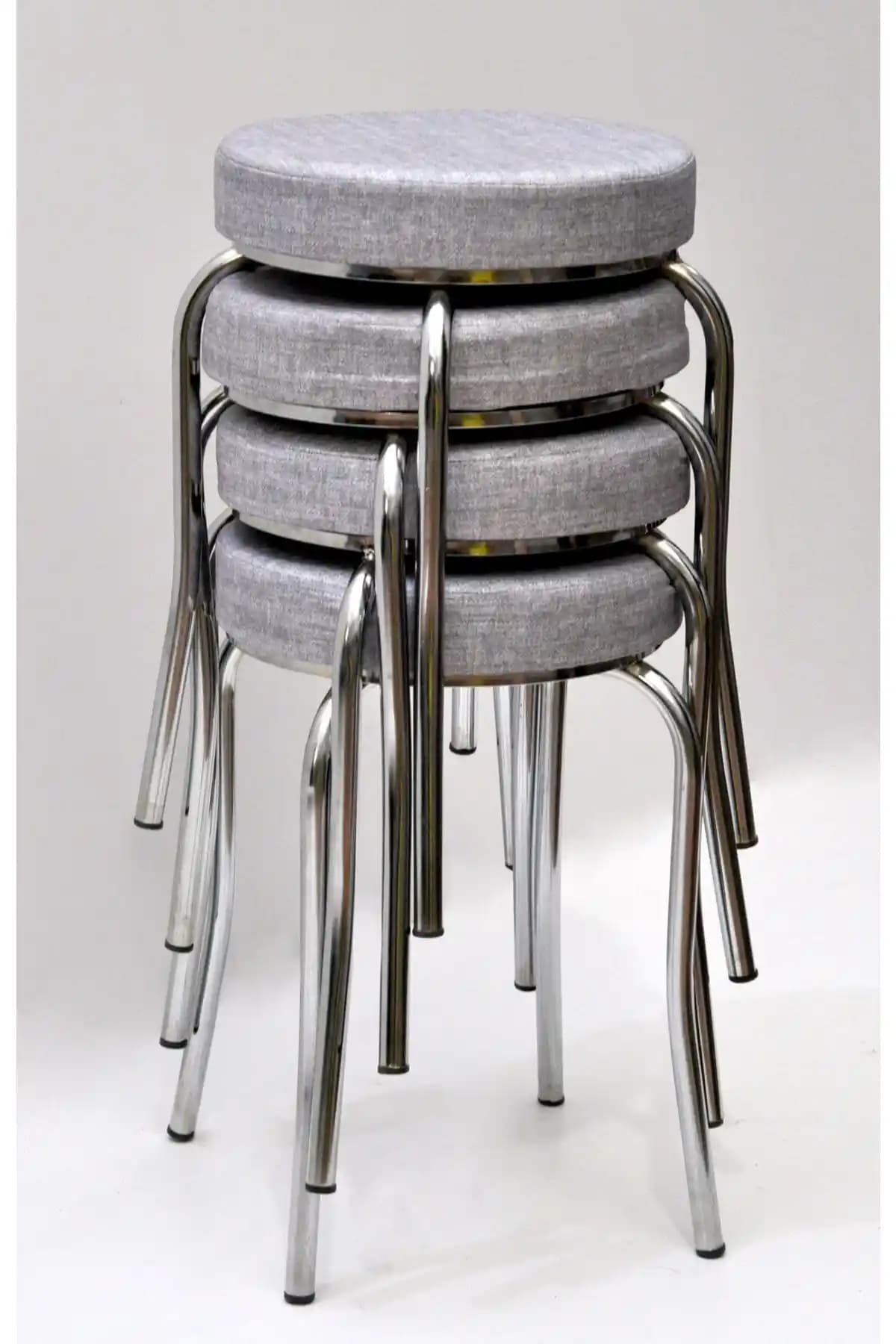 TABURECİM Retro Tasarımlı Krom Ayaklı Mina Kumaşlı 4'lü Tabure Seti - Şık ve Konforlu