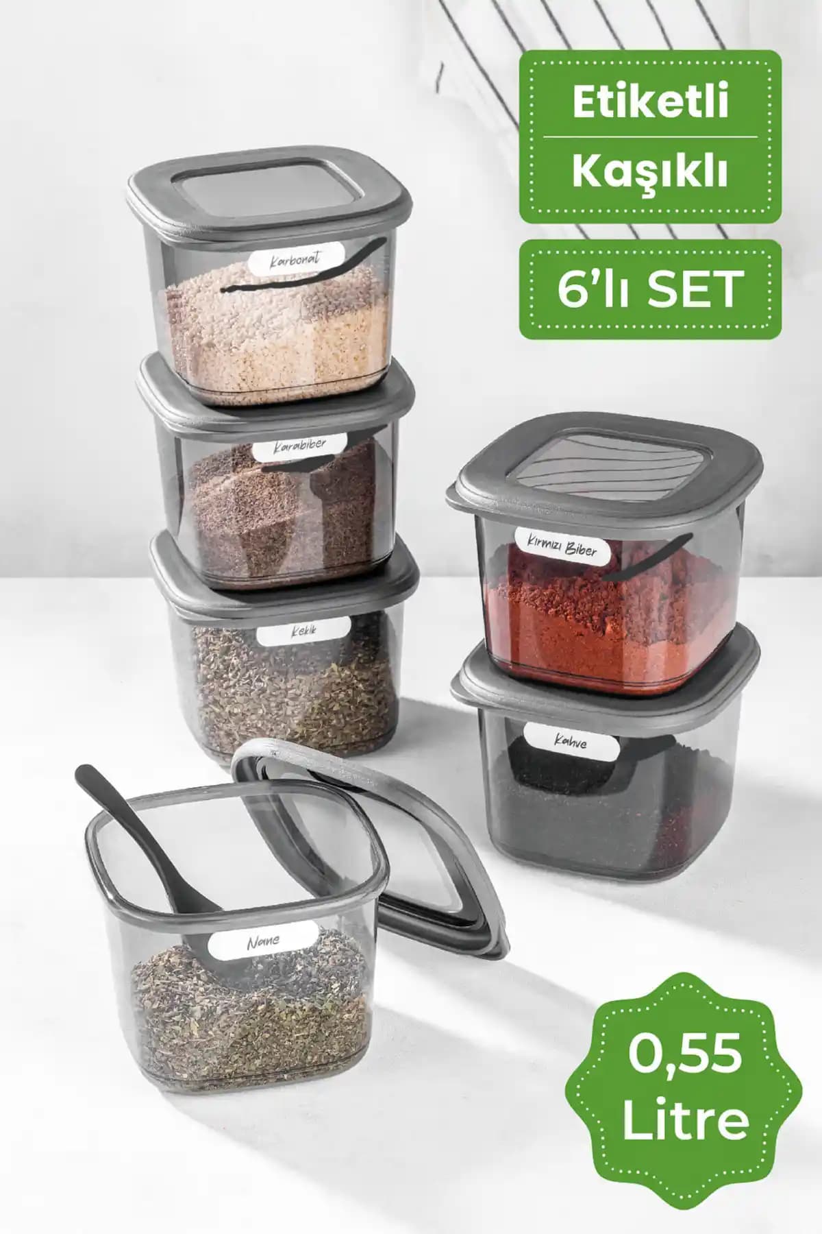 Vienev Etiketli Kaşıklı Kare Erzak Saklama Kabı 6'lı Set ile Modern Mutfak Düzeni