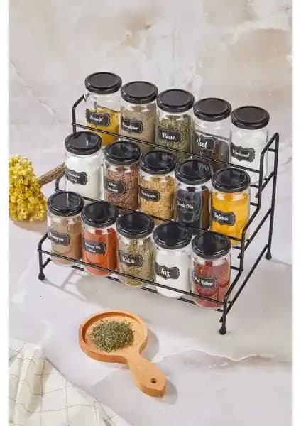 VIP Gross Basamaklı Metal Standlı 15'li Cam Baharat Takımı - Fonksiyonel ve Şık Tasarım