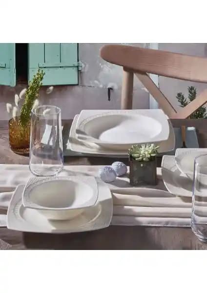 Güral Bonenjoy 24 Parça 6 Kişilik Kare Porselen Yemek Takımı Modern ve Şık Tasarım