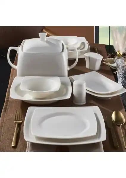 Güral Porselen Caroline 62 Parça Kare Bone Yemek Takımı Modern ve Şık Tasarımıyla Öne Çıkıyor