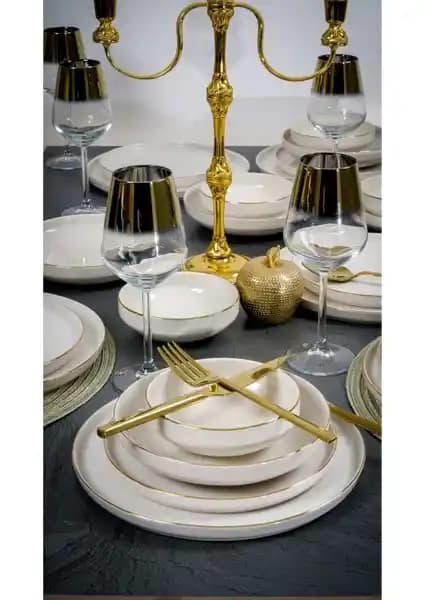Heda Porselen Rüya Altın 24 Parça Kırık Beyaz Yemek Takımı 6 Kişilik