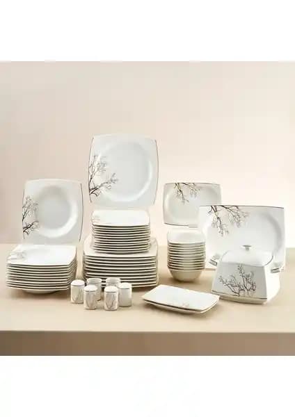 Karaca Square Bone Autumn 60 Parça 12 Kişilik Modern ve Şık Porselen Yemek Takımı