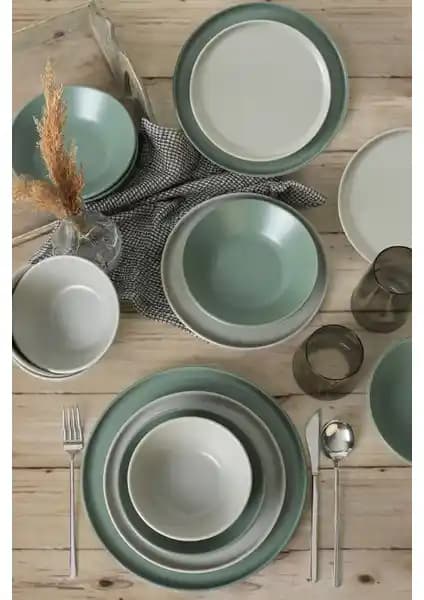 Keramika Mat Gri - Mat Yeşil Norç Yemek Takımı 24 Parça Şık ve Dayanıklı Tasarım