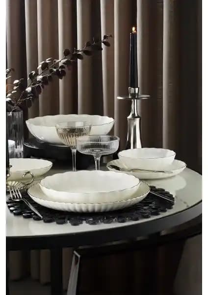 Kütahya Porselen Bone Luz Form 27 Parça 6 Kişilik Yemek Takımı Platin Detaylar