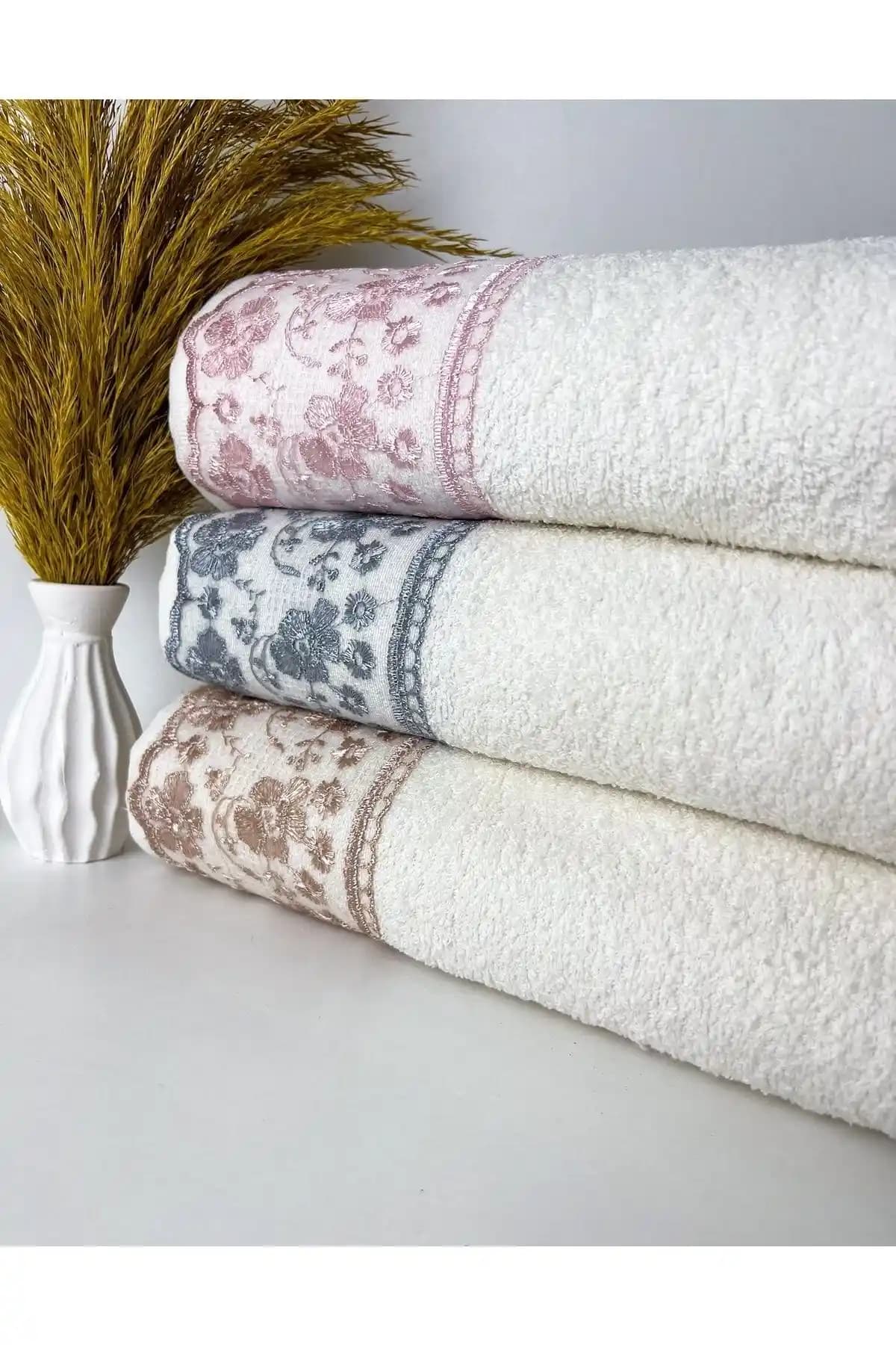 Ayhanhome Güpür Detaylı Pamuklu Yüz Havlusu Seti Bej Renk 3 Parça