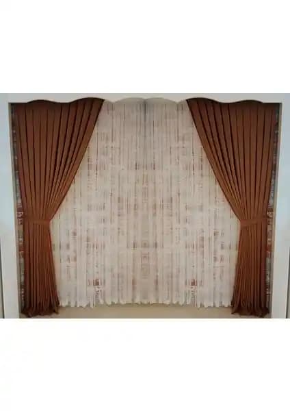 Figen Perde Kahve Renk Fon Kadife Perde Çift Kanat 1/3 Sık Pileli Dikim V-12