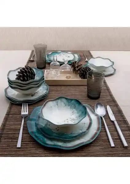 Güral Nesrin 24 Parça Yemek Takımı Yeşil Desenli Porselen Seti 6 Kişilik Kullanım
