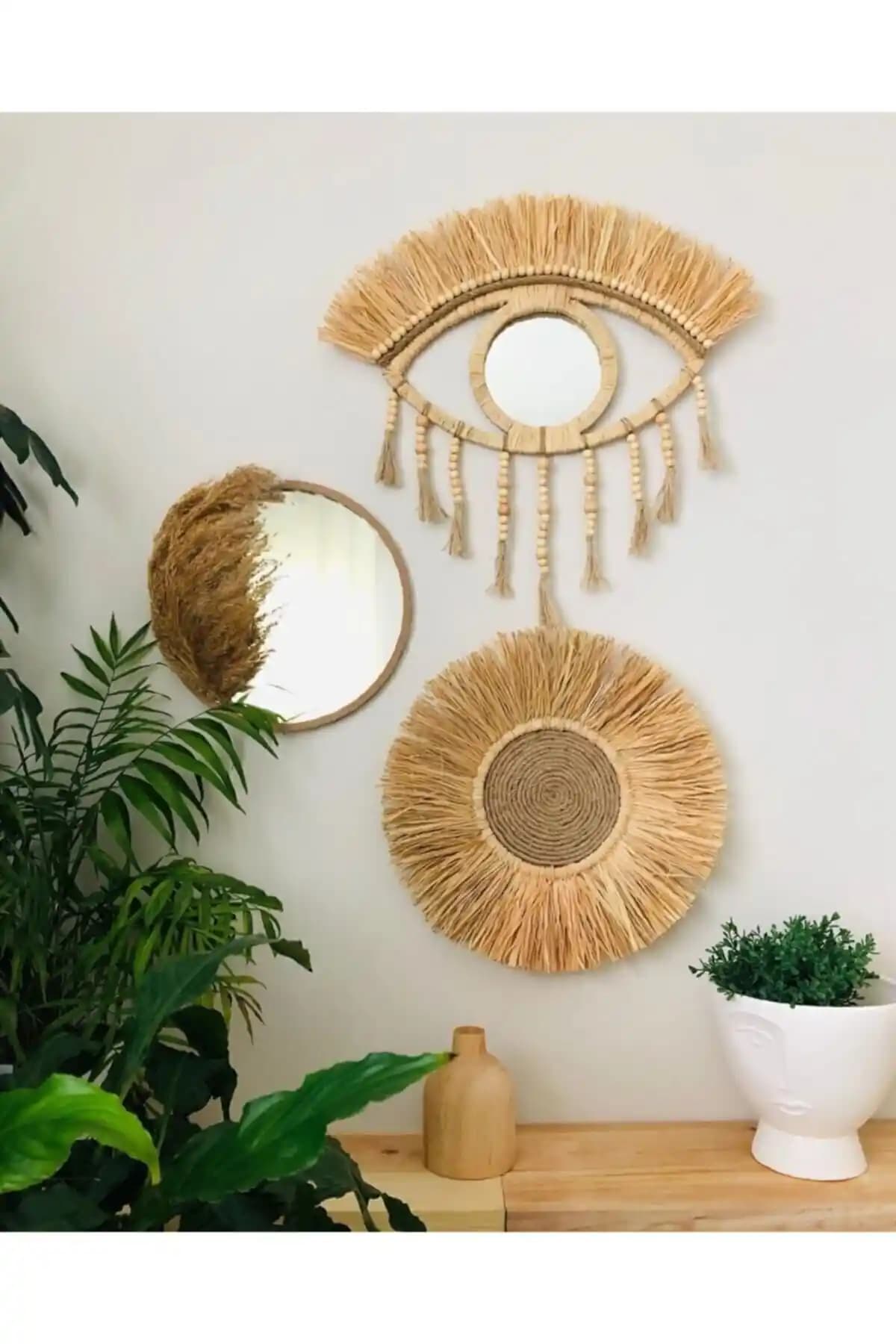 Kara.shome Rafya Halatlı Paspas ve Ayna Seti Estetik ve Fonksiyonellik İçin Uygun Bir Dekorasyon Seçeneği