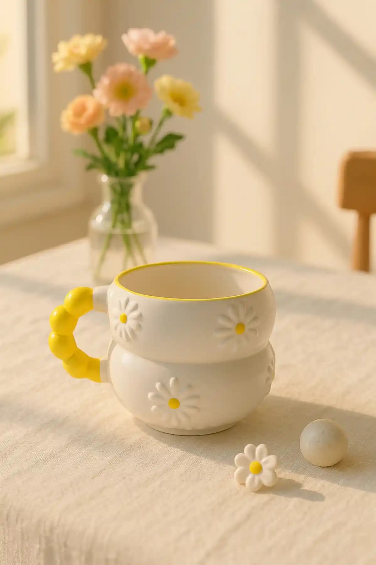 SırART Boncuk Kulp Katmerli Sarı Papatya Desenli Seramik Kupa Günlük Kullanım ve Dekorasyon İçin