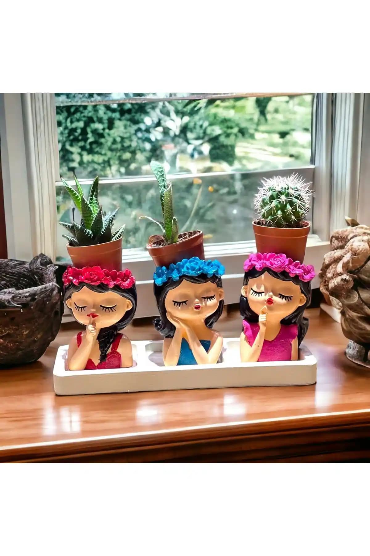 TAŞDEVRİLIFE Sukulent Kızlar 3'lü Beton Saksı Seti Modern ve Renkli Dekoratif Seçenekler