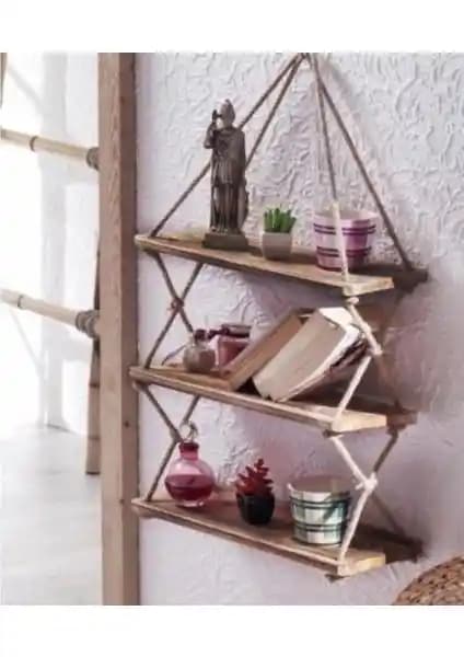 Defa Kitaplık Raf Duvar Rafı Doğal Ahşap ve Jüt Detaylarıyla Modern Tasarım