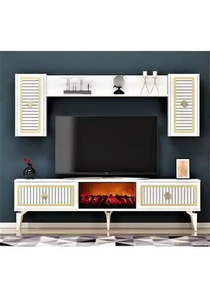 Demonte Decor Nill Şömineli TV Ünitesi Takımı Beyaz ve Altın Detaylarla Modern Tasarım