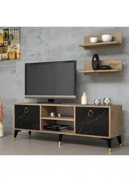 Ferniso 138 cm Çam Renkli Mermer Desenli Modern TV Ünitesi Oturma Odası Dekorasyonu
