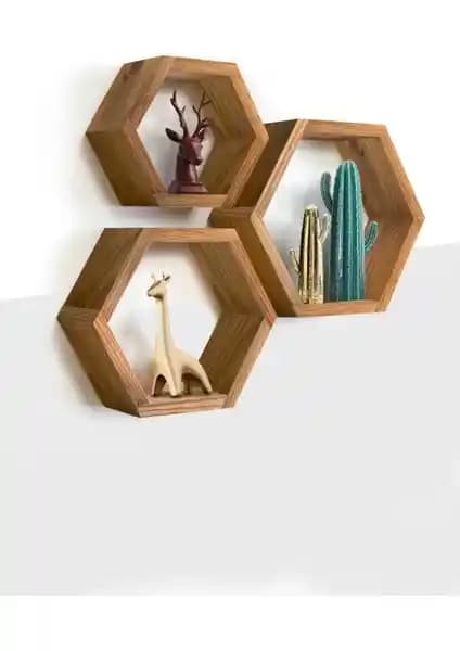 Grootland Ahşap 3'lü Altıgen Petek Duvar Rafı Ceviz Doğal ve Şık Dekoratif Ürün