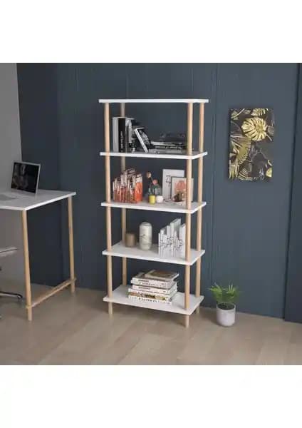 İntergo Dekoratif 5 Raflı Ahşap Ayaklı Kitaplık - Modern ve Dayanıklı Tasarım