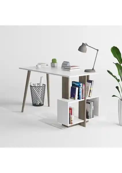 Lagomood Beyaz ve Ceviz Renkli Modern Çalışma Masası Geniş Yüzey ve Dayanıklı Malzeme ile
