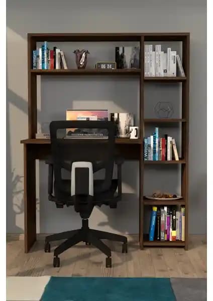 Moonlife Duru Kitaplıklı Çalışma Masası Ceviz Renkli Modern ve Dayanıklı Ofis Mobilyası
