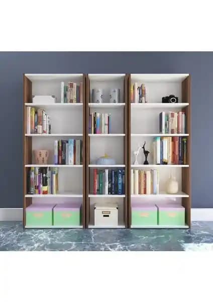 Nur Mobilya 3'lü Arkalıklı Ceviz-Beyaz Kitaplık Fonksiyonel ve Estetik Tasarım